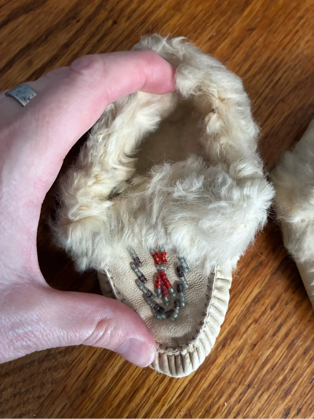 Vintage Handmade Leather Fur-Trim Beaded Baby Moccasins in Cream